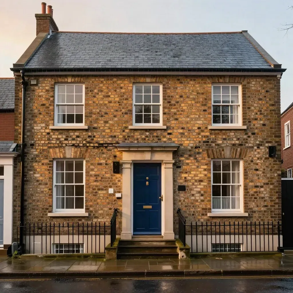Rain-sheened brick terrace with slate roof and deep blue front door, shot low from the street.