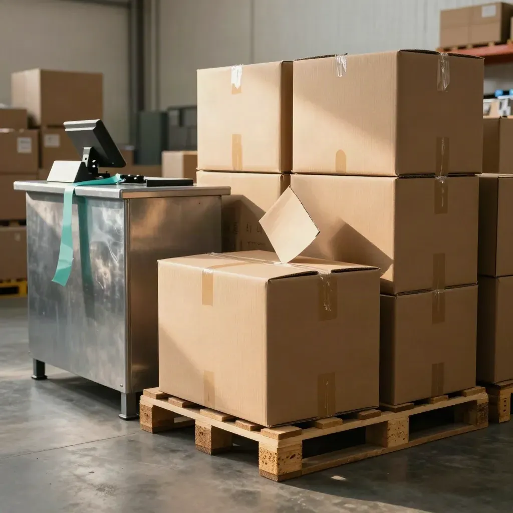 Warehouse cartons and a till counter in warm light, with teal wrap catching dust.