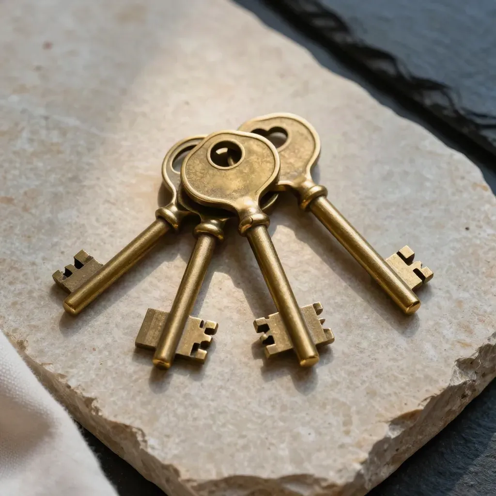 Three brass keys on stone, one isolated in bright light for a clear eligibility match.