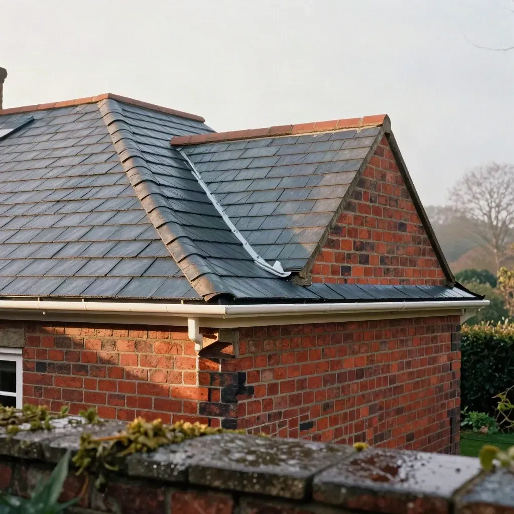 Low-angle repaired red-brick roofline with new slate and white guttering under a hazy sky.