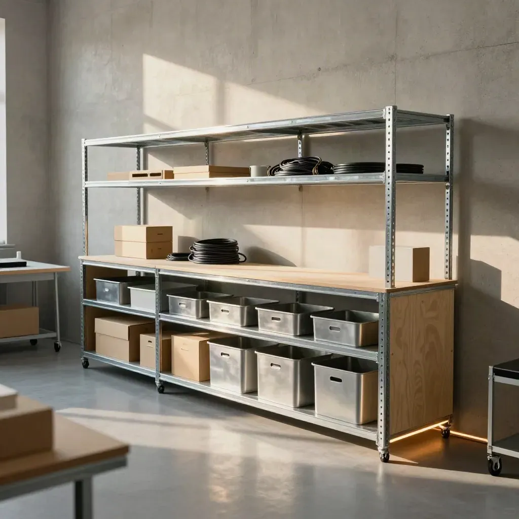 Freshly fitted startup studio with shelving, workbench and sealed equipment boxes.