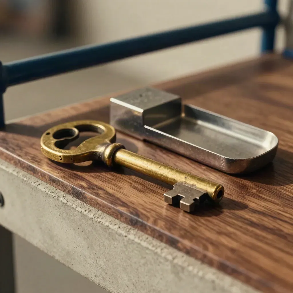 Warehouse key with steel stamp block and token tray on a walnut-toned ledge