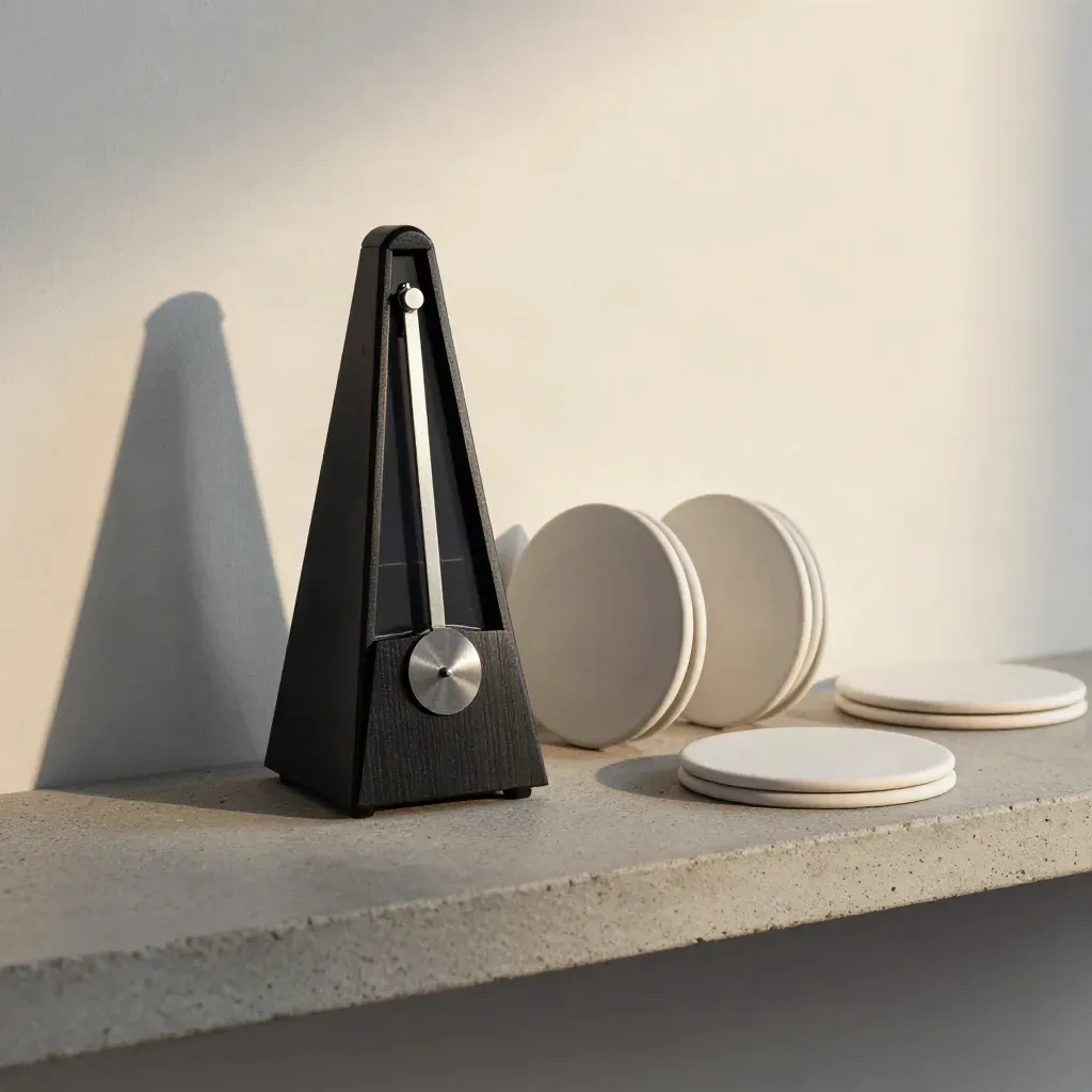 Metronome beside four ceramic discs on a stone shelf in soft directional light.
