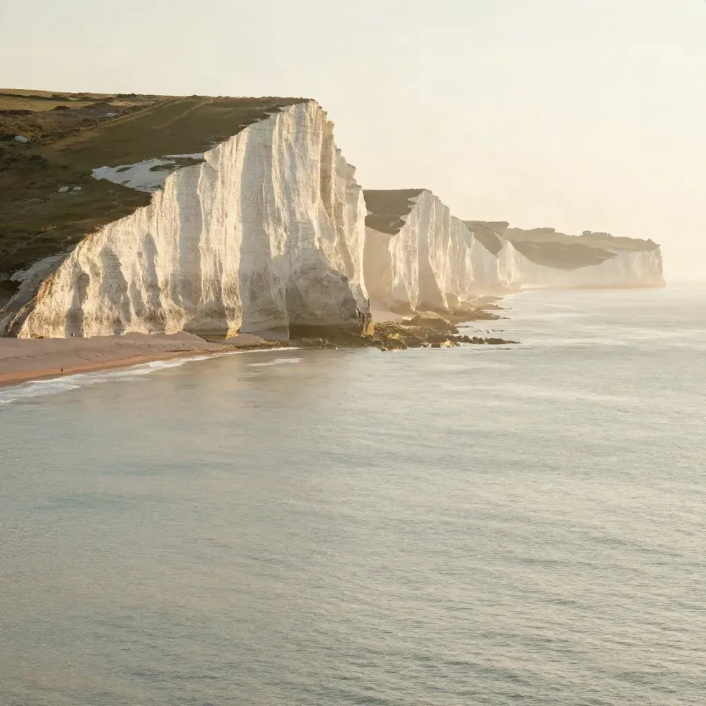 Golden hour view of the Seven Sisters cliffs above a hazy pale sea.