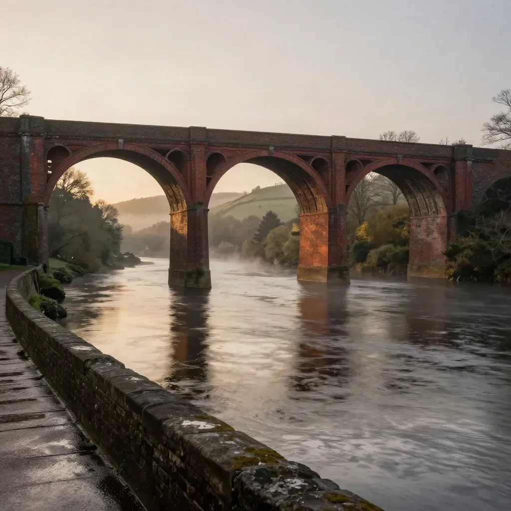 Ironbridge Gorge at dusk with brick arches above a misty river and hazy hills